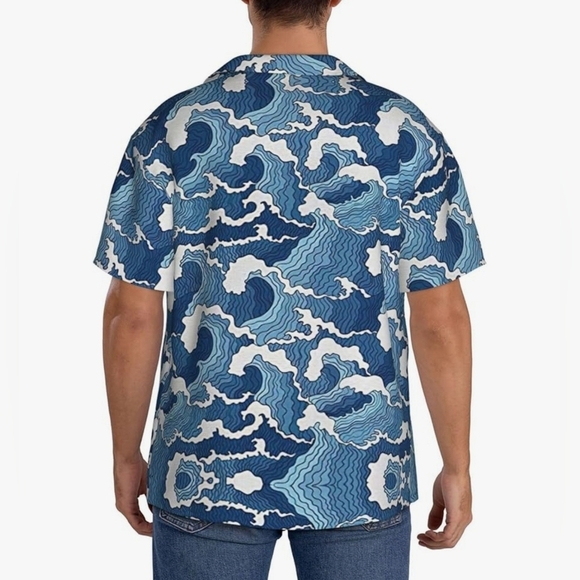 KYKU Men's Button Down Short Sleeve Shirt, One Pocket | Ocean Blue & White - Picture 3 of 9